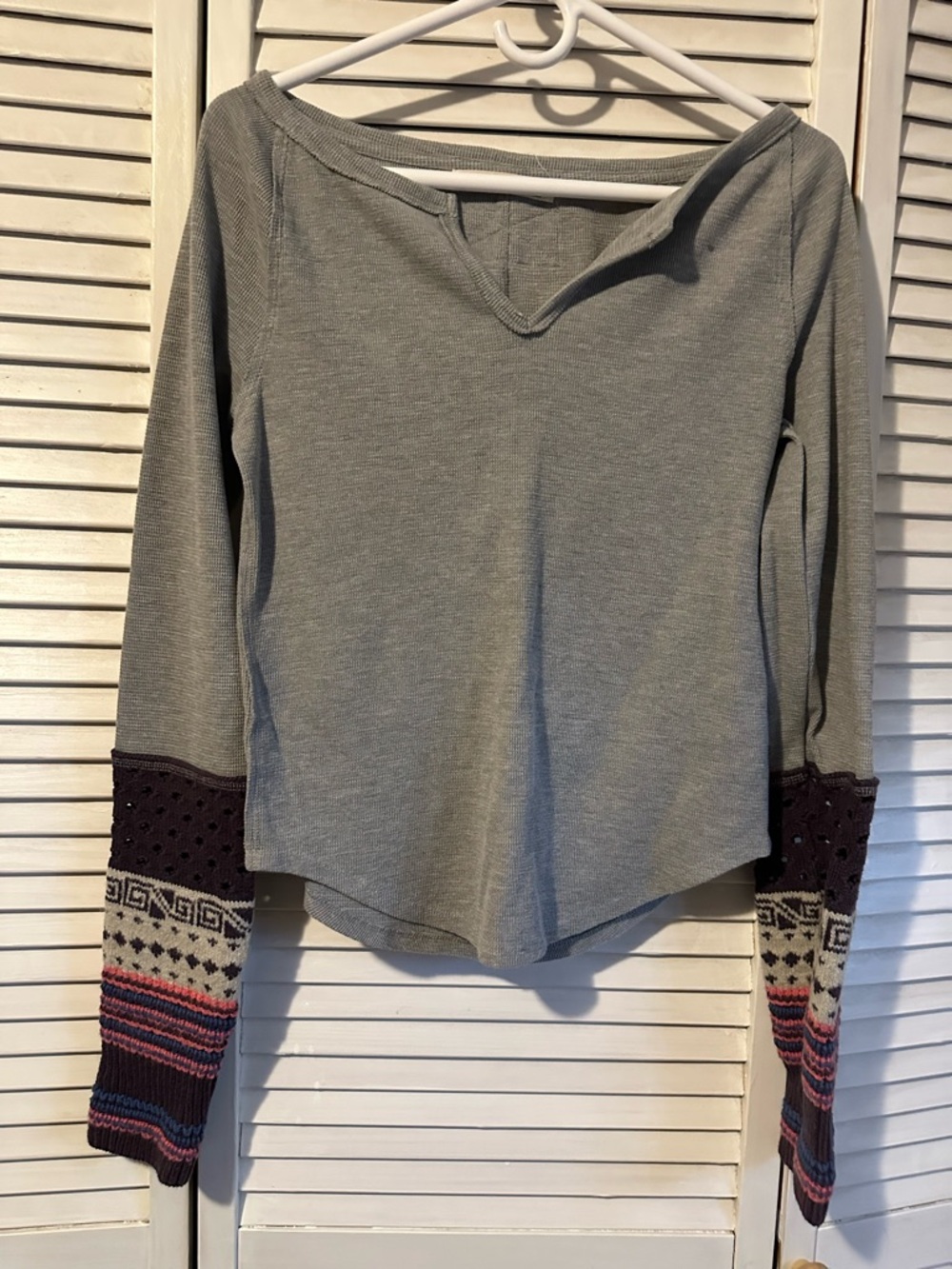 We The Free Grey Long Sleeve Top with Patterned Knit Cuffs